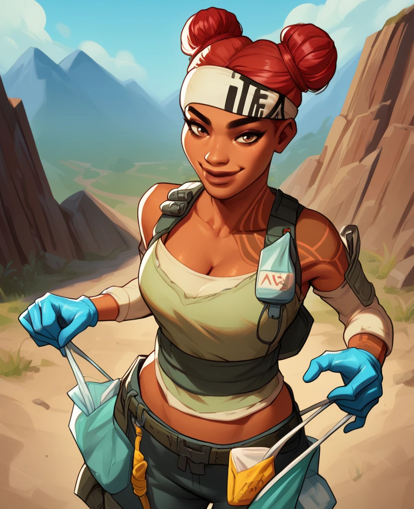 score_9,score_8_up,score_7_up,score_6_up,score_5_up,score_4_up,
lflinexl,red hair,double bun,brown eyes,
looking at viewer,smile, cleavage, 
headband,left should tattoo,shirt,collarbone,detached sleeves,plastic gloves,belt,pants,
outdoors,mountains,
<lora:LifelineXL>,