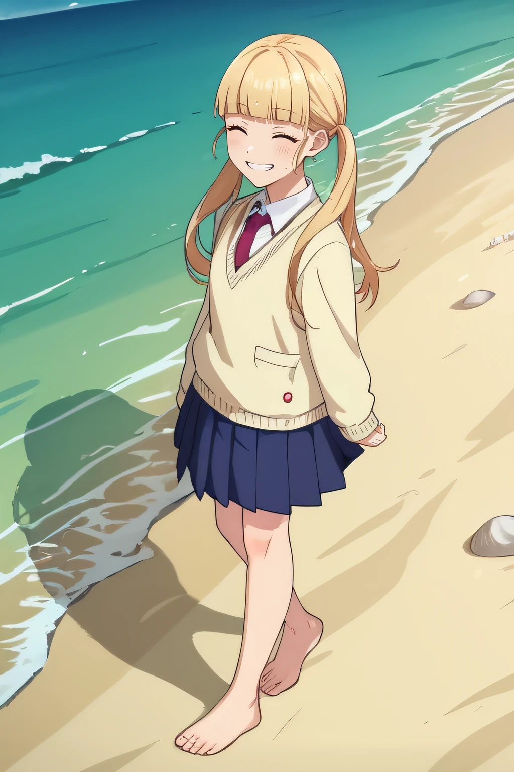 score_9, score_8_up, score_7_up, source_anime, rating_safe, intricate details, anime screencap, official style, 1girl, <lora:Narumi_Senna:1>, senna, blonde hair, twintails, blunt bangs, long hair, school uniform, yellow sweater, red necktie, blue pleated skirt, looking at viewer, indoor, full body, barefeet, walking, sand, from above, side view, ocean, blush, standing, closed eyes, smile, grin, five fingers, walking on water, wet feet, beach