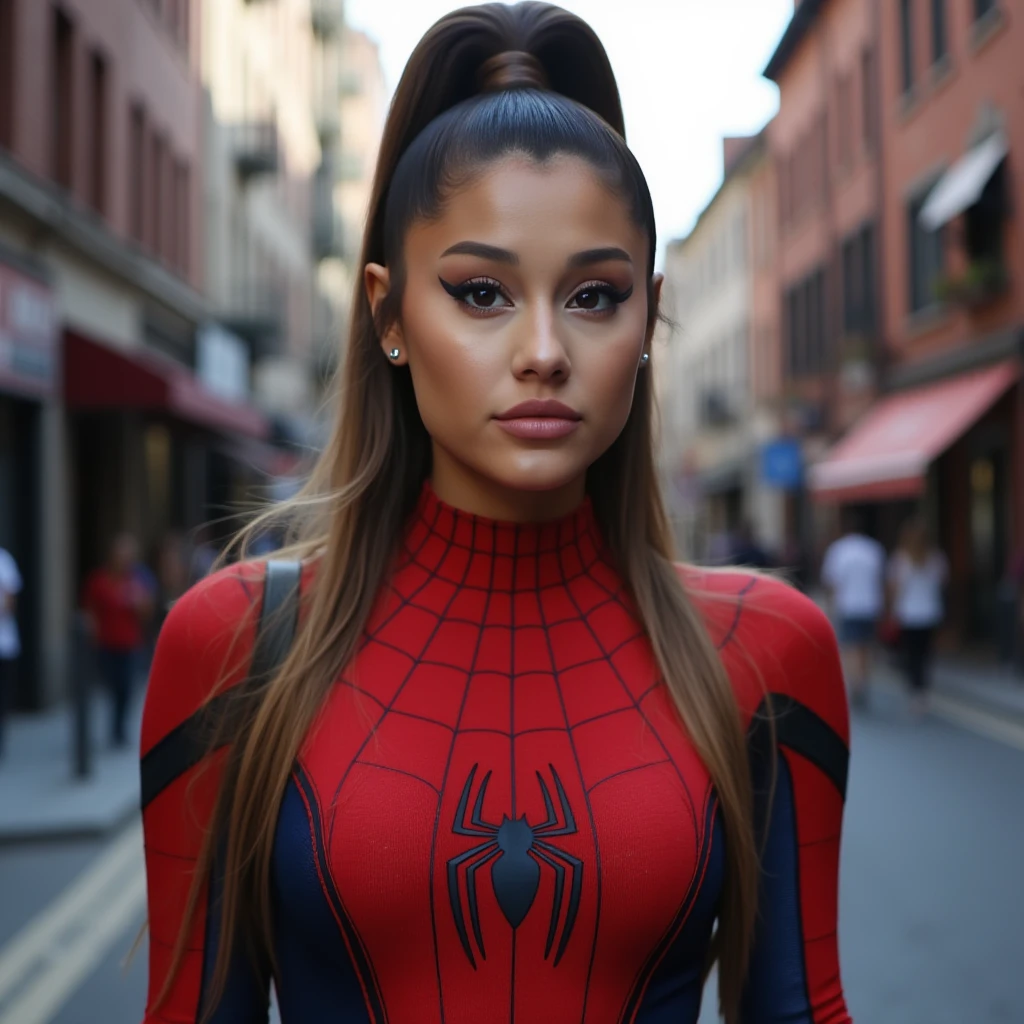 woman, light makeup, high ponytail, spider man suit, frontview at a street, solo shot, looking at camera, 4r14n44