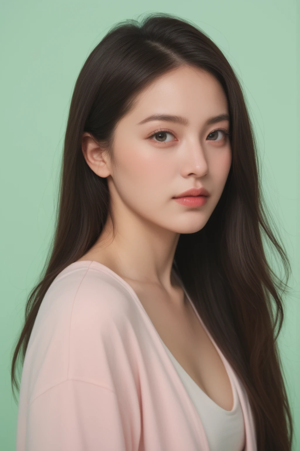 score_9, score_8_up, score_7_up, realistic, long hair, simple clothes, pastel green background, cinematic lighting