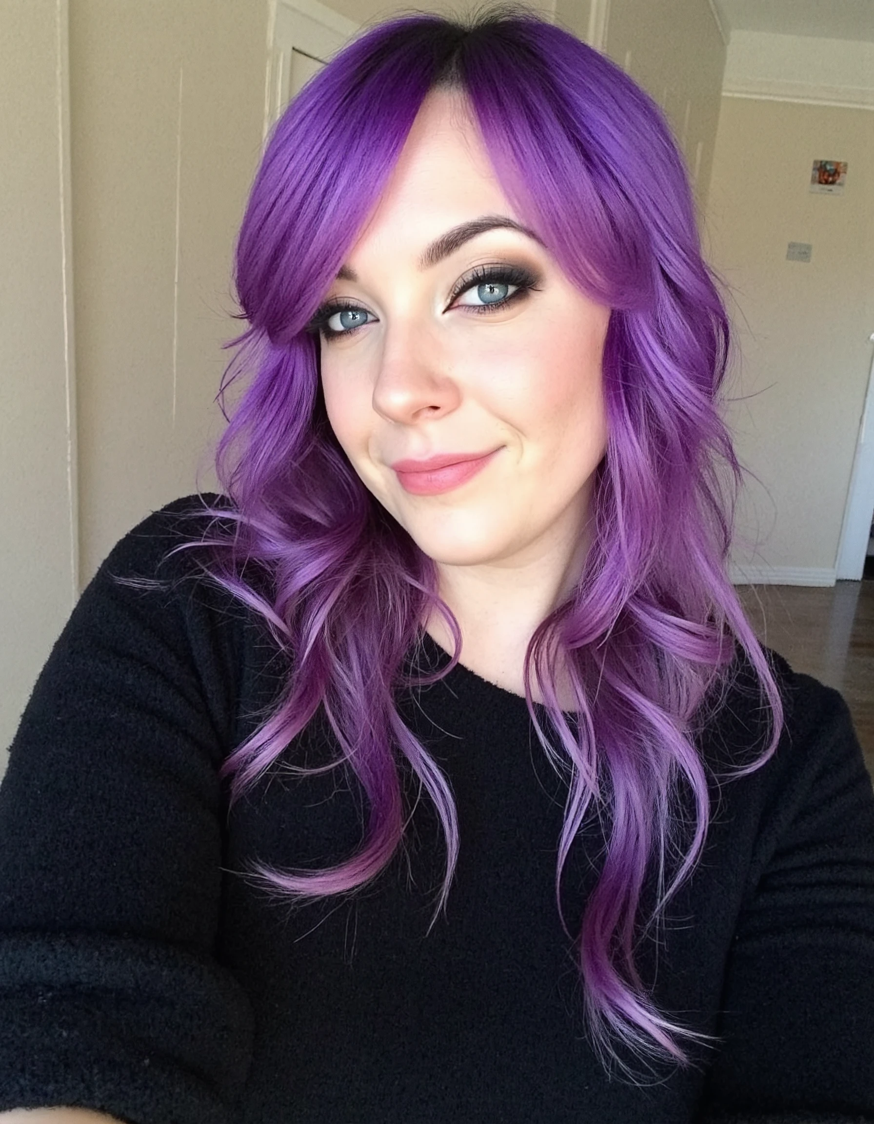 Selfie of a woman with purple hair. She is wearing a black sweater.  <lora:Aesthetic_Amateur_Photo_V4_Beta_1:1>