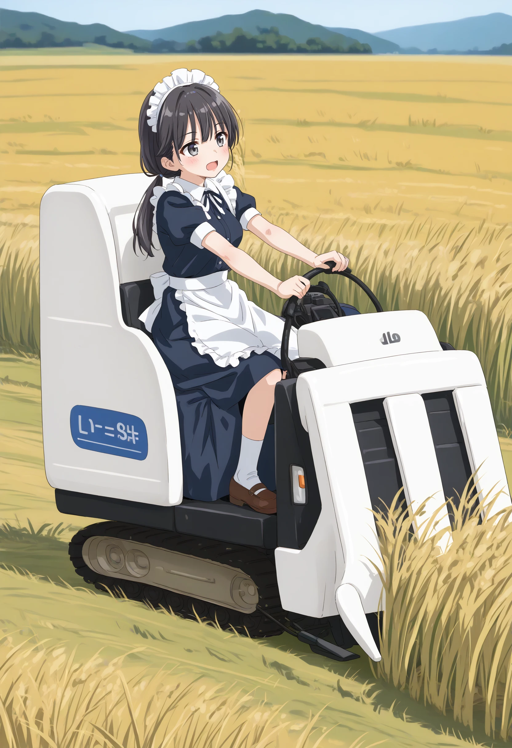 (masterpiece:0.7), (best quality:1.1),
(by sincos:0.5),(by ningen mame:0.5),(by toosaka asagi:0.5),
1girl,solo,medium breasts, maid, maid headdress,
combine harvester,ground vehicle,motor vehicle,grass,outdoors,day,sky,driving,sitting,field,short sleeves, skirt, wheat,wheat field,  <lora:combineharvester_XL_v2:0.7>
from side, full body, looking ahead, black hair, silver eyes,naughty, open mouth, low twintails hair,,