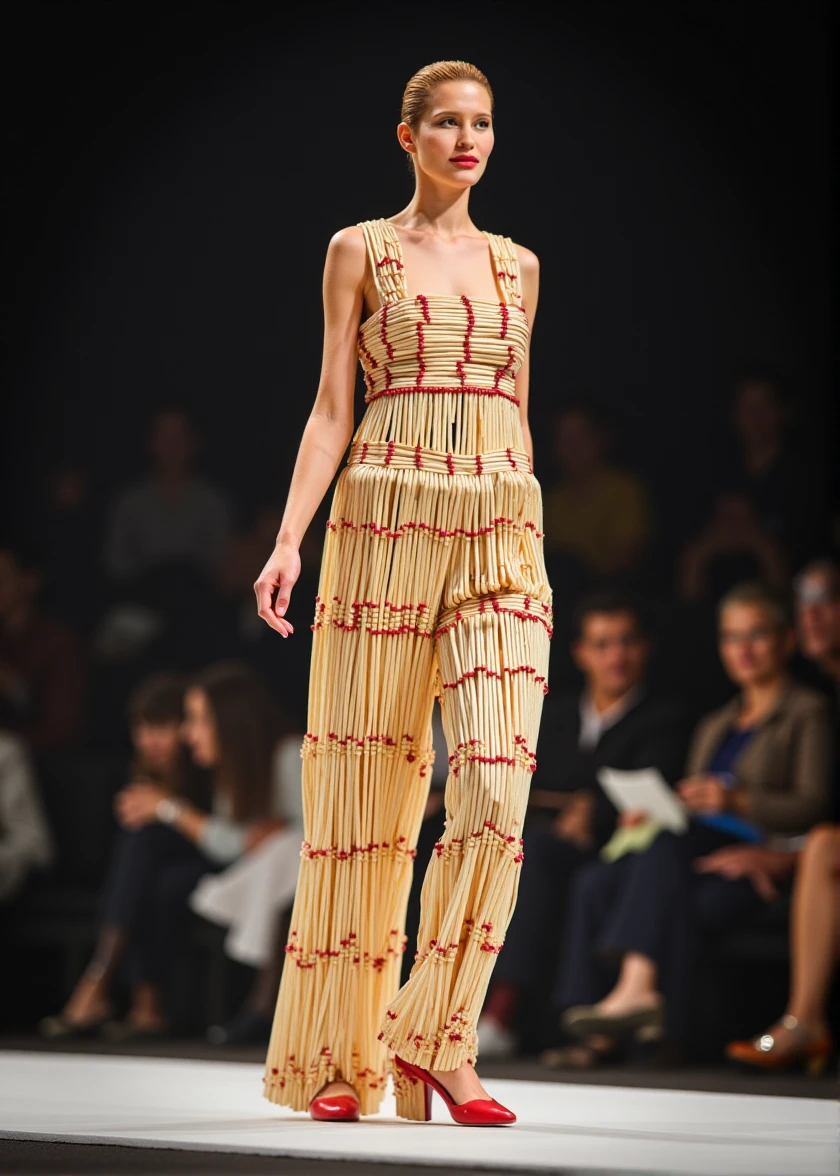 m4tchst1ck, a woman wearing a matchsticks's dress, dynamic pose, fashion show