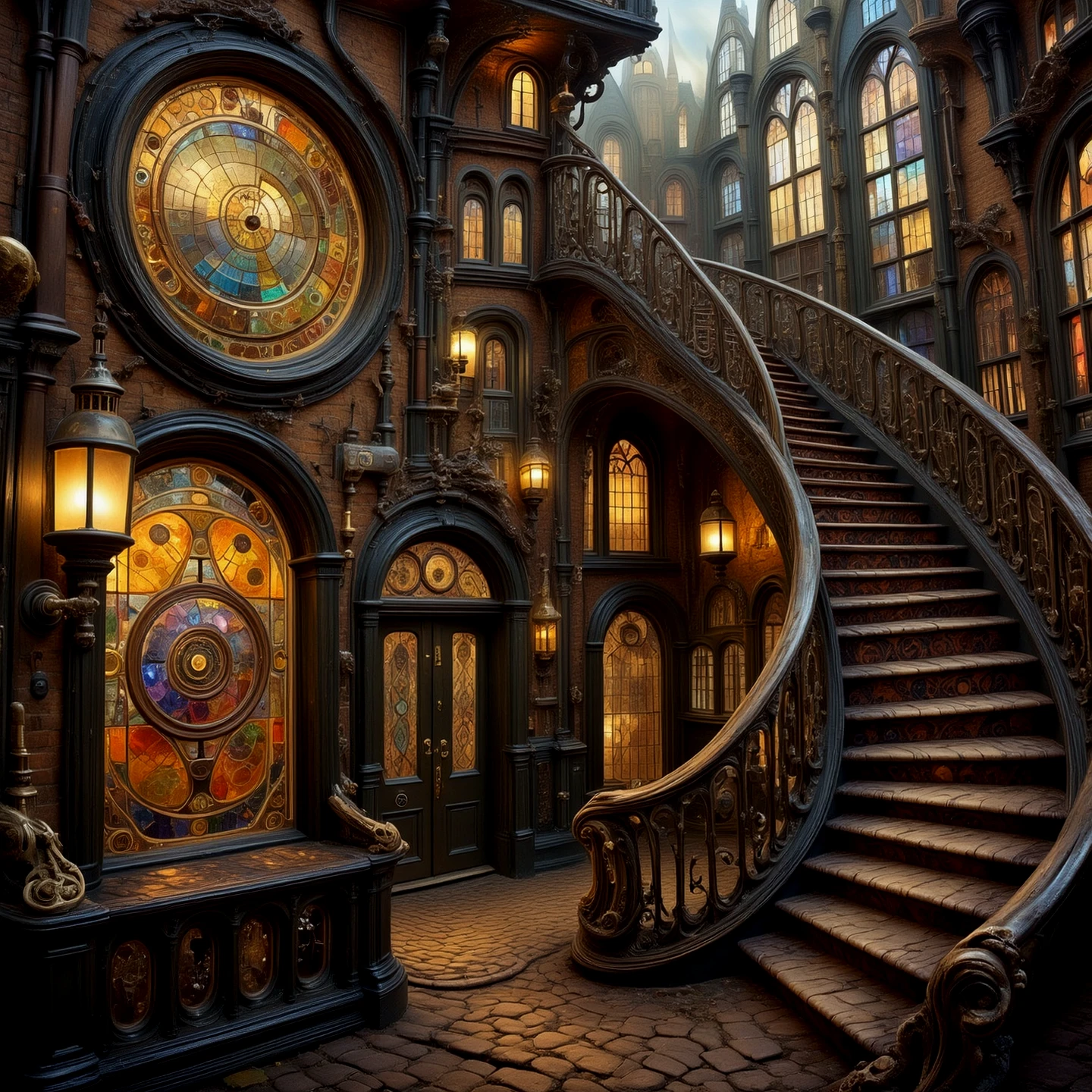 Curving stairs, stained glass, glowing lamps.

Atmospheric.

WhimLonCE style