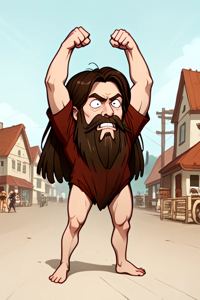 <lora:Garrett_Bobby_Ferguson_Giant_Bearded_Face PON:0.95> garrett bobby ferguson, giant bearded face, giant head, brown hair, long hair, facial hair, beard, mustache, arms and legs coming out of beard, barefoot, full body, evil look, arms up, clenched hands, mad,, source_cartoon, score_9, score_8_up, score_7_up,