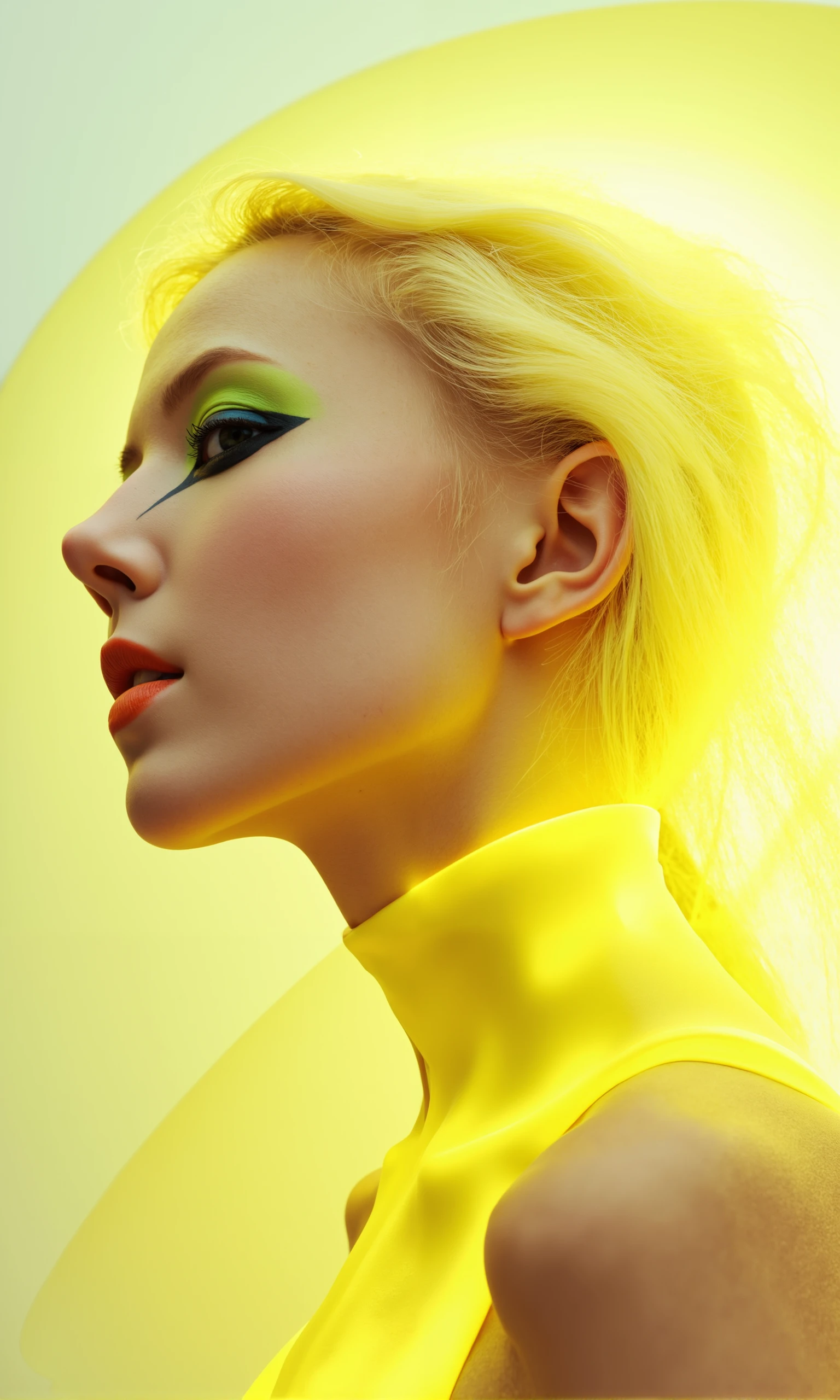 surreal, high-fashion image featuring Clover, a model with white skin and long blonde hair, captured in an ethereal, dreamlike atmosphere. Her blonde hair appears illuminated, blending seamlessly into the bright, glowing light that surrounds her, creating a halo-like effect. The light and color palette—predominantly vibrant yellows and soft whites—blend into one another, giving the image a surreal, almost otherworldly quality.

Clover is positioned in profile, her head slightly tilted upward, emphasizing the sharp lines of her jaw and the elegance of her neck. Her facial expression is calm and poised, with an air of mystery and detachment. Her makeup is bold and avant-garde: striking green eyeliner with sharp wings accentuates her eyes, while her lips are painted in a vivid, matte orange, providing a stark contrast to her pale complexion and the soft lighting around her.

Her pose is statuesque and still, exuding confidence and otherworldly grace. The lighting is soft but intense, casting radiant highlights across her face and blending with the bright backdrop to create a feeling of motion and light bursting from within her.

The mood is futuristic, abstract, and almost ethereal, with Clover appearing as a figure who transcends time and space. The glowing, fluid colors give the image a sense of energy and transformation, blending fashion and art into an expressive, surreal moment