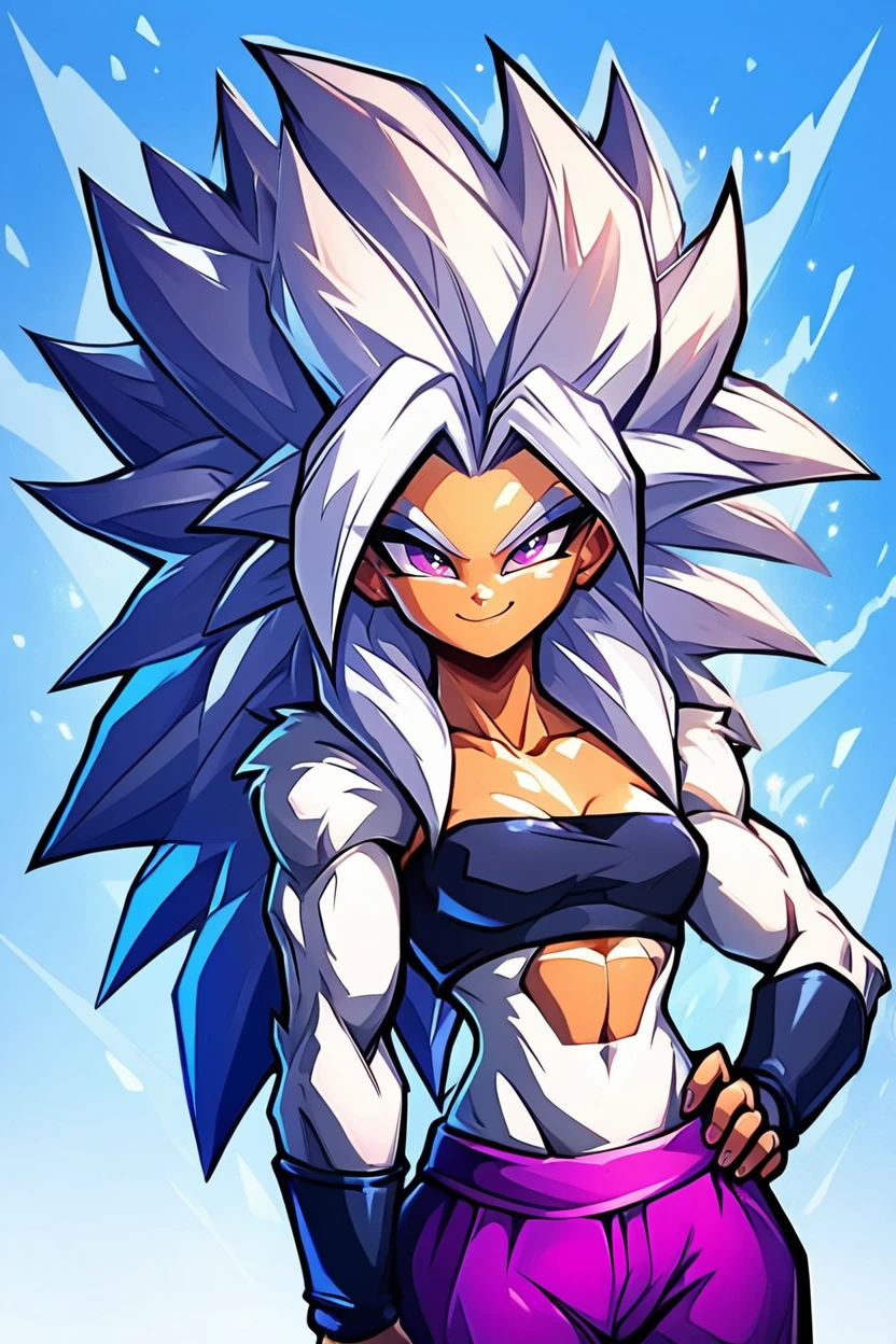 score_9, score_8_up, score_8, medium breasts, (curvy), eyelashes,  SUPER SAIYAN 5,  Super_Saiyan_4_Caulifla, 1girl, long white hair, body fur, (white body fur), purple eyes, crop top, purple pants, <lora:Super_Saiyan_4_Caulifla_P1:0.7>,  solo, looking at viewer, blue sky, simple background, long hair, upper body, crop top, smug, smile, hand on hip, spiked hair, long hair, aura,   embedding:zPDXL, Expressiveh,  <lora:EnergyCAT:0.8>,  <lora:SDXLFaeTastic2400:0.5>,   <lora:Expressive_H-000001:0.4>,