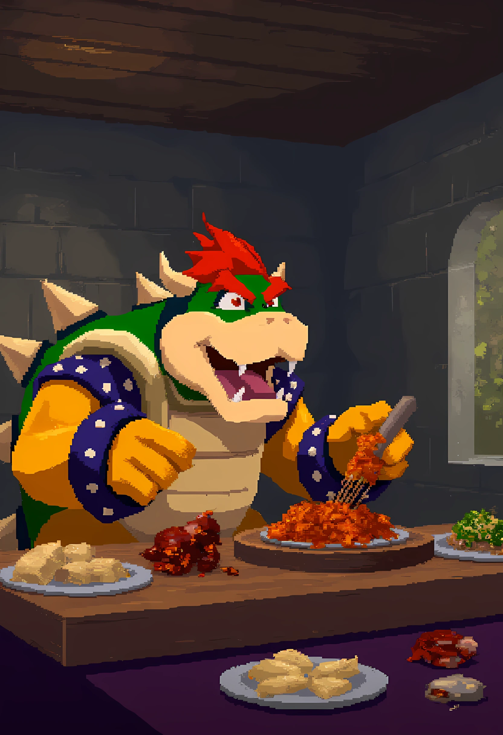 ootwstyle, Bowser eating a huge feast at a wooden table in a castle.