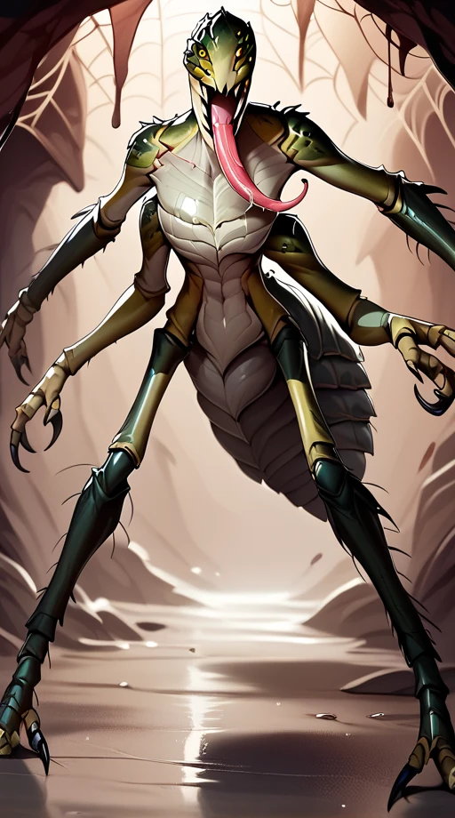 score_9, score_8_up, score_7_up,source_furry, 3d , BREAK, dynamic pose,  1Girl,multi eyes, colored skin, jade skin, claws, teeth, sharp teeth, gorgon - evolve, (4 arms, 2 legs), Giant, arachnid, arthropod limbs, large abdomen, spider legs, chitin, spiky back, yellow eyes , extra eyes, monster, extra arms, claws,  <lora:Thri-Kreen__Fantasy__DND:0.6> , long tongue, Saliva  <lora:Gorgon_-_Evolve:0.9>