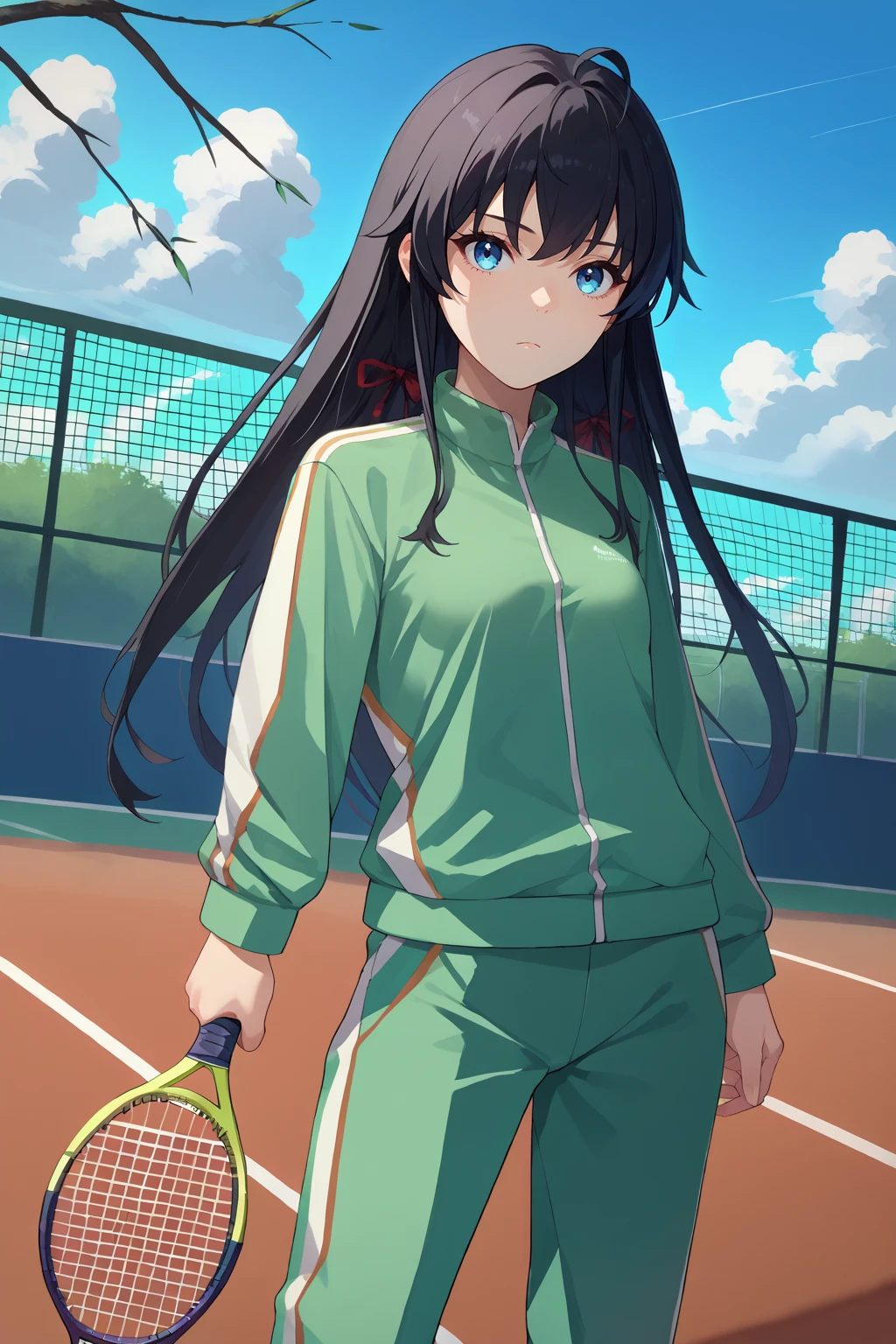 score_9, score_7_up, source_anime, dutch angle, looking at viewer, expressionless, yno, small breasts, black hair, blue eyes, long hair, hair ribbon, red ribbon, green track suit, holding tennis racket, outdoors, tennis court, <lora:Hoseki_Oregairu_YukinoYukinoshita_PDXL_v1:1>