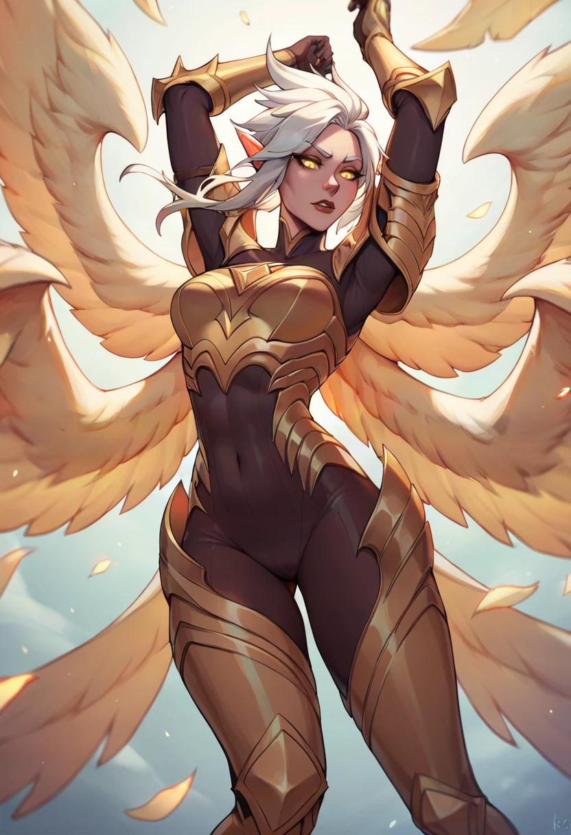 score_9, score_8_up, score_7_up, score_6_up, k4yle, kayle, 1girl, yellow eyes, long hair, pointy ears, white hair, wings, multiple wings, feathered wings, bodysuit, armor, breastplate, shoulder armor, gauntlets, <lora:Kayle_Default_v2:0.7>, arms up