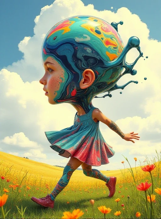 <lora:nkv_Abstract_fluid_strong:1> nkv style, liquid, abstract, surreal, illustrations, head, realistic, ultradetailed, girl running on the meadow,