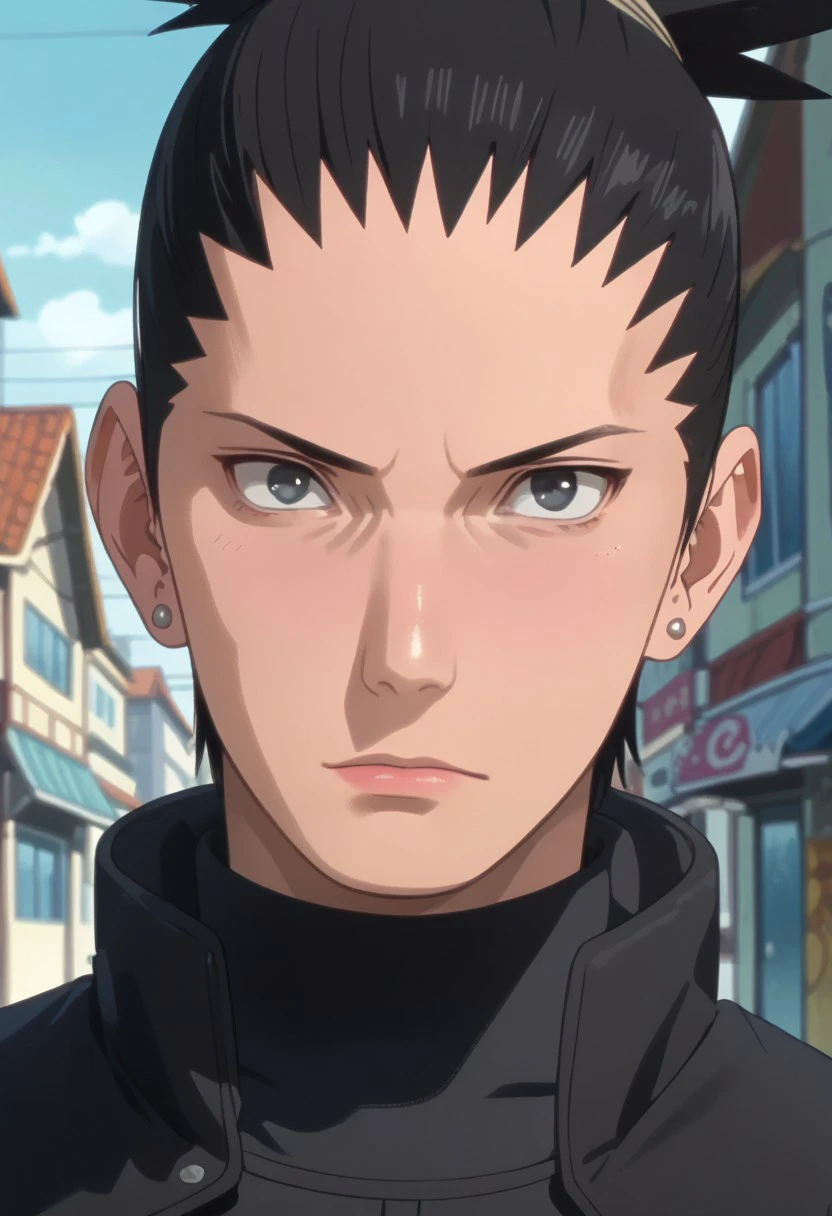 score_9, score_8_up, score_7_up, source_anime, rating_safe, ShikamaruNS, black_Shikamaru_hair, greyish yellow_Shikamaru_hair tie, black_eyes, grey_Shikamaru_stud earrings, 1boy, male focus anime screencap,