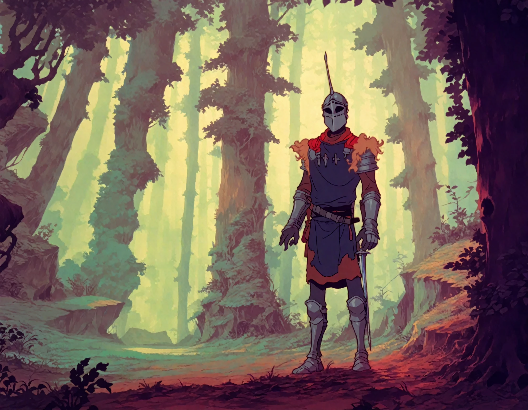 <lora:TheLastUnicorn_pony_v1:1> a frame from "the last unicorn", the scene shows a knight standing in a magic forest, score_9, score_6_up, score_7_up