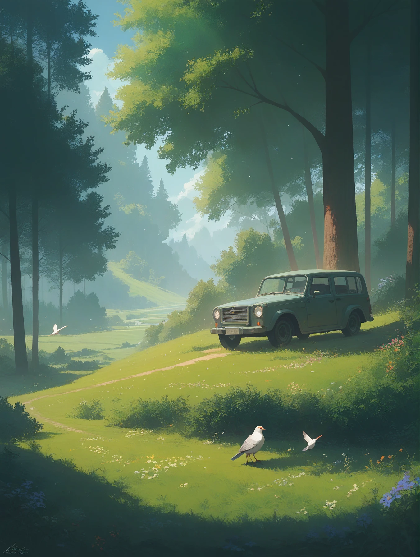 (score_9,score_8_up,score_7_up),no humans,scenery,flower,tree,outdoors,sunlight,bird,signature,plant,day,grass,ground vehicle,nature,motor vehicle,overgrown,