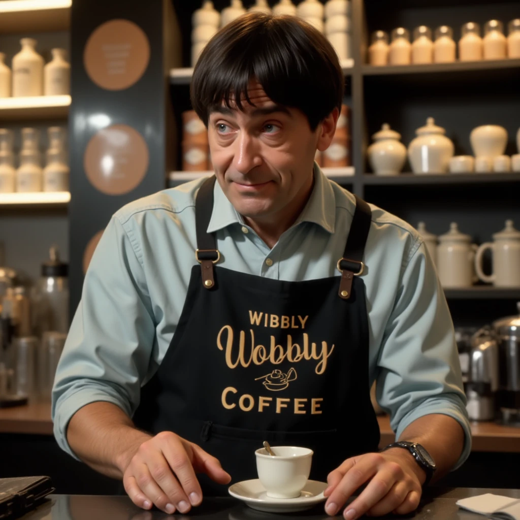 epic cinematic shot of dynamic hyper realistic art DocWho2 is working as a barista in a coffee shop, his apron says "Wibbly Wobbly Timey Wimey Coffee,hq, high quality . extremely high-resolution details, photographic, realism pushed to extreme, fine texture, incredibly lifelike in motion. main subject of high budget action movie. raw photo, motion blur. best quality, high resolution