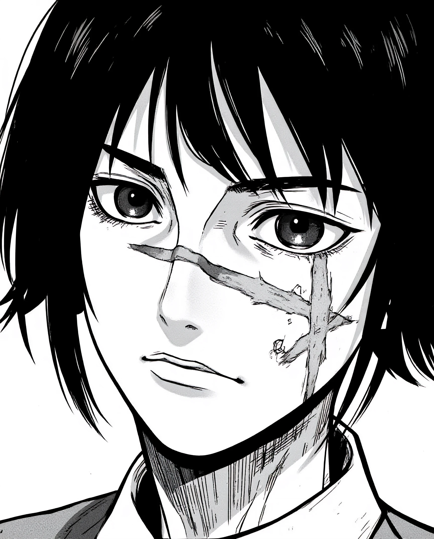 A close-up, highly detailed manga-style illustration of a young girl with a tense, frowning expression. Her short, jet-black hair frames her face, with a few windswept strands falling over her furrowed brow. The most defining feature is a noticeable scar across the bridge of her nose, giving her an air of resilience and mystery. Her dark, intense eyes reflect deep emotion, and the subtle shadows on her face enhance the sharpness of her features. The close-up view captures the raw intensity of her frown, highlighting the inner turmoil beneath her youthful appearance.