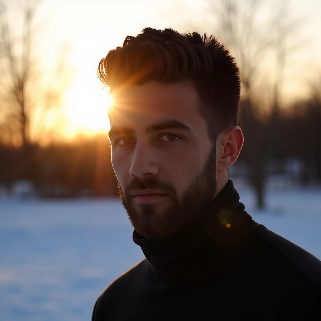 photo of a man looking at viewer in the winter outdoors with silhouette illumination of his hair by evening sunlight. Taken with a ProPhoto iPhone, p4yn3