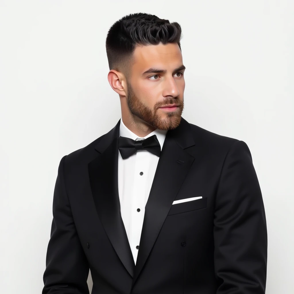 photo of a man wearing a tuxedo, blank background, looking at viewer, p4yn3