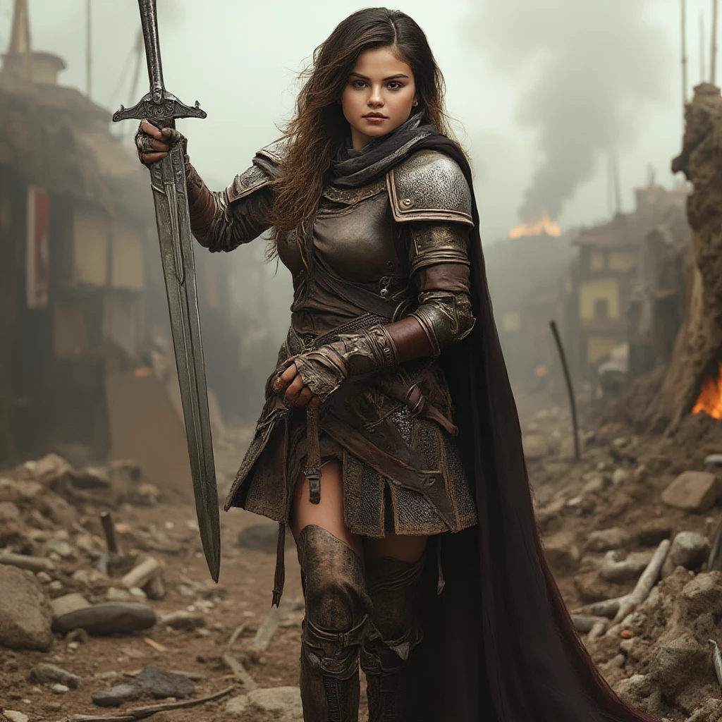 photo realistic, Selena Gomez is depicted as a fierce warrior donning ,  leather armor. She wields a mighty sword with confident determination, standing tall and proud amidst the chaos of a battered battlefield. Her fiercely intense gaze speaks volumes about her unwavering resolve in this treacherous land. The grim setting is filled with debris, rubble, and the remnants of clashes past, creating an atmosphere of both grit and glory. This captivating image showcases Selena Gomez's transformative ability to embody a powerful character while still maintaining her signature charm.