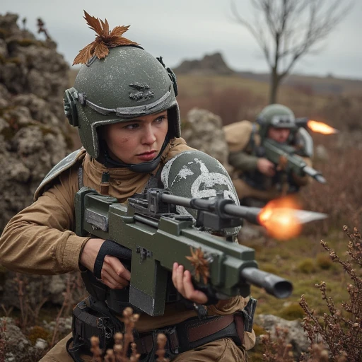 an imperial guardsman aims her rifle at enemies out of frame, shouting her defiance as she makes her brave last stand