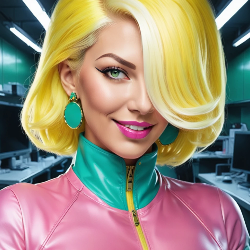 doctorblight, portrait, face, close up portrait, (computers in background), realistic, smooth, high details, masterpiece, 4k, smile, (blonde hair), (blonde hair with a white streak), (pink lips), (green eyes), sexy, woman, (pink jumpsuit), (tight pink jumpsuit with yellow elements), (turquoise collar), (yellow zipper), (confident), (black eyebrows), (turquoise seams), (hair over one eye), (green earrings), (skin tight pink jumpsuit)