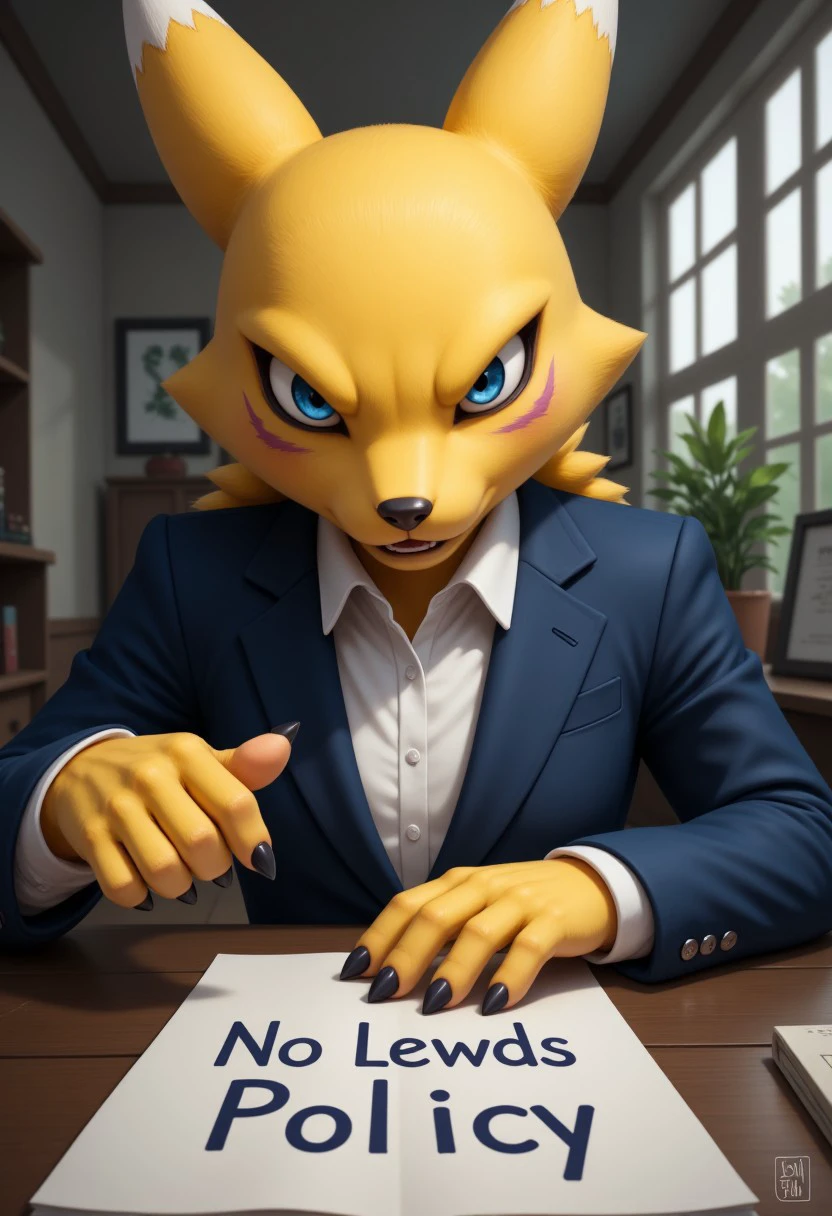 A photorealistic facial portrait of renamon, digimon girl with yellow fur,  angry, mad, upset, wearing a formal blazer and shirt, sitting at a desk. Renamon is pointing at a paper on the desk that says "no lewds policy".