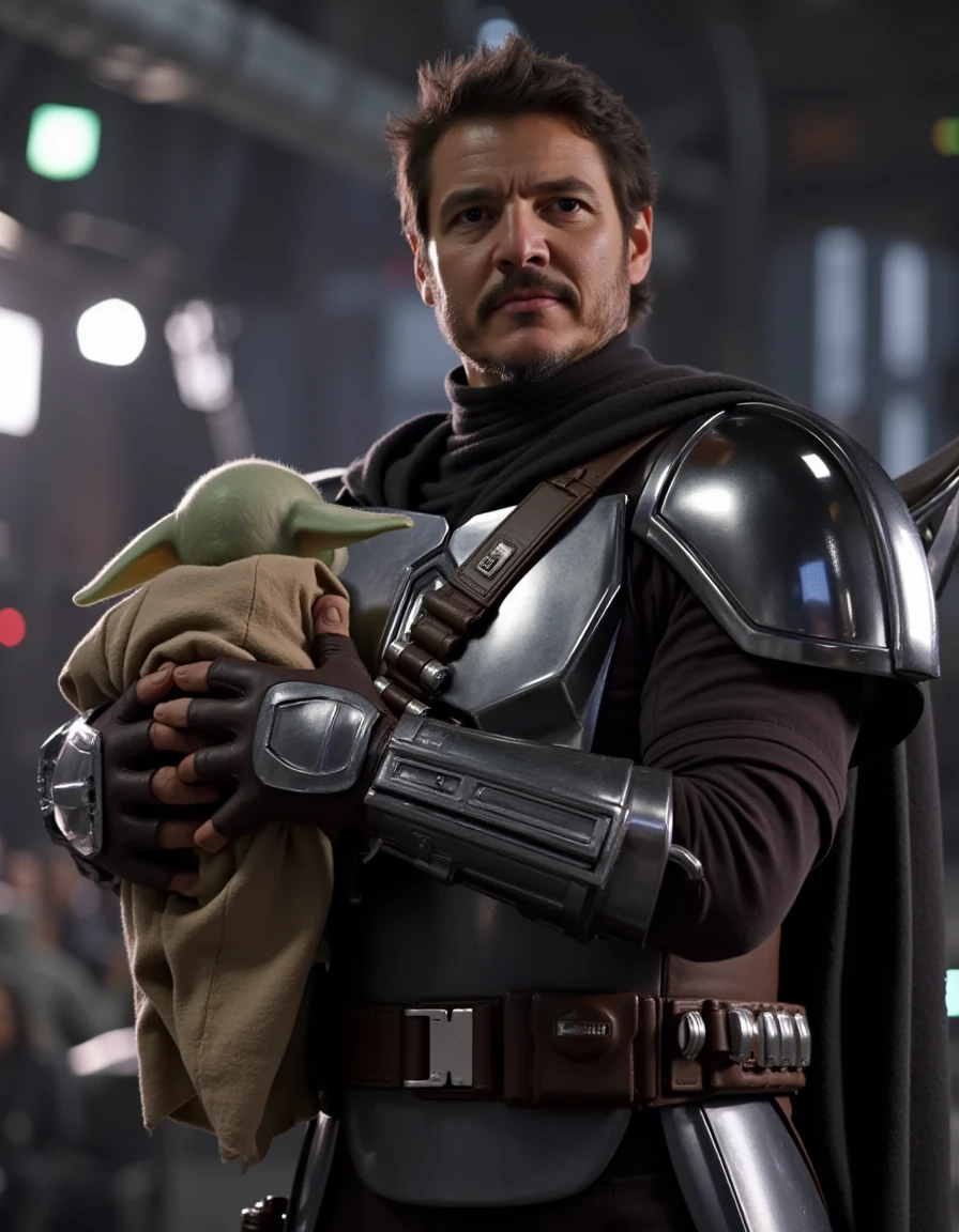 a photo of pedro pascal ,(visible face:1.3),wearing mandalorian armour without helmet,holding baby yoda,standing inside a big spaceship,star wars,lucasfilm, <lora:Mando:1>