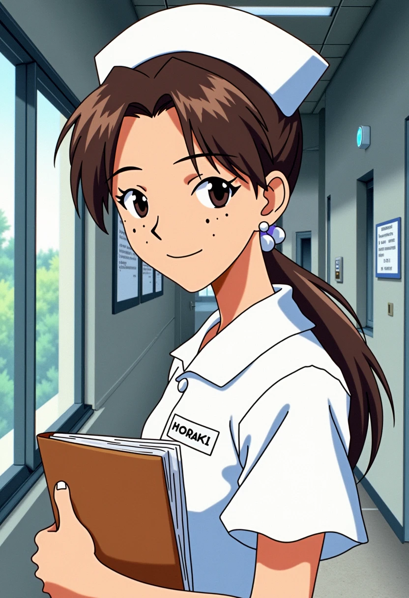 A detailed portrait of horaki hikari. She has dark brown hair.
Anime style, sharp, high contrast and highly detailed, high resolution. Ghibli anime style. Perfect anatomy. Perfect body ratio. No oversized head. No blurry, out of focus pictures. No simple background, no single color background.
She wears a classic and charming Japanese-style nurse uniform consisting of a one-piece white dress with short sleeves and a slightly flared silhouette that falls just above the knee. The dress features a button-up front with simple white buttons The nurse wears a matching solid color white nurse cap, slightly rounded and worn neatly atop the head. The outfit is completed with white sandals.  She stands in the lobby of a hospital, holding a folder to her chest. There is a nametag on her uniform that reads "Horaki". There is no sign or emblem on the nurse cap.
She is looking at the camera with a light smile. 
<lora:Hikari Horaki - Flux Prototype_epoch_2:1>