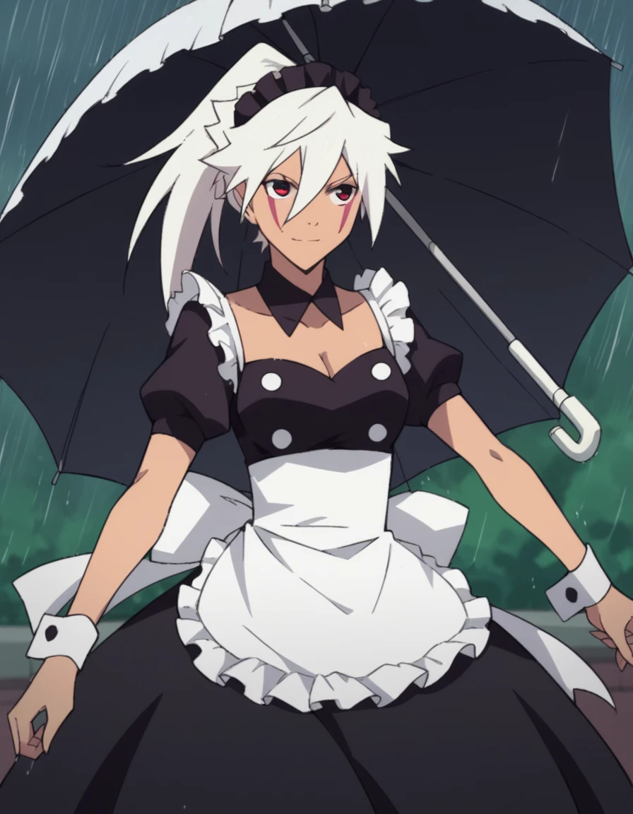 score_9, score_8_up, score_7_up, source_anime, <lora:julia-jinyu-movie1-ponyxl-lora-nochekaiser:1>, julia jinyu, long hair, red eyes, ponytail, white hair, dark skin, dark-skinned female, facial mark, facepaint,, dress, cleavage, short sleeves, frills, apron, black dress, maid, maid headdress, detached collar, white apron, maid apron, enmaided,, rainy day, umbrella, walking home, puddles, wet hair, smile, , hand with fingers spread out, solo,, cowboy shot, dutch angle