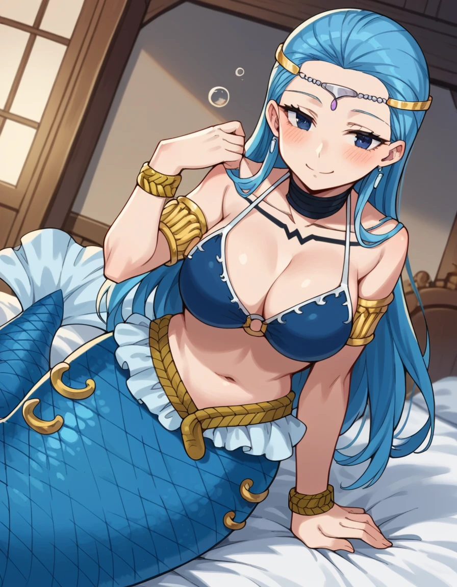 score_9, score_8_up, score_7_up, source_anime, <lora:fairytail-aquarius-s1-ponyxl-lora-nochekaiser:1>, aquarius, long hair, blue hair, blue eyes, large breasts,, navel, cleavage, jewelry, swimsuit, bikini, choker, necklace, bracelet, monster girl, bikini top only, armlet, circlet, mermaid,, indoors, bed, bed room, on side, blush, drunk,, smile, , hand resting on chin, solo,, cowboy shot, dutch angle
