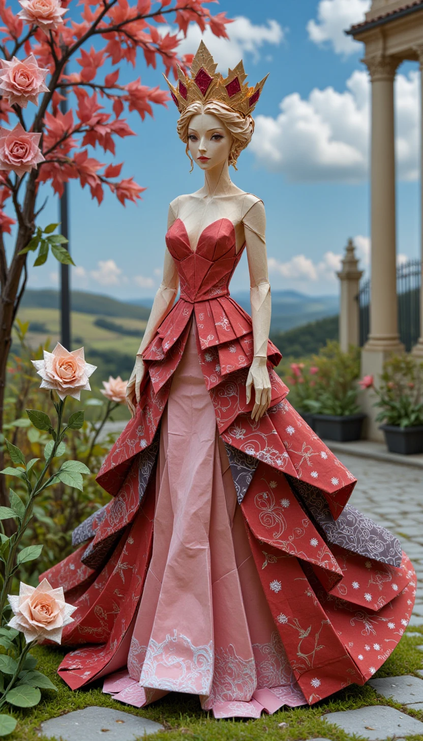 0r1gam1styl3, origami art, a pretty queen, adorned with a majestic crown of ruby-heart shapes. She wears a striking burgundy, abstract, and eye-catching gown that features elegant heart and rose motifs. The queen stands gracefully in a beautiful garden beside a bush of painted white roses turned red