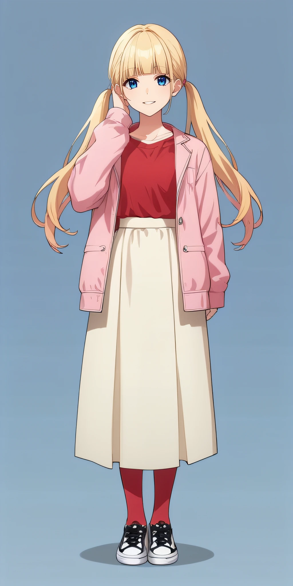 score_9, score_8_up, score_7_up, source_anime, rating_safe, intricate details, anime screencap, official style, 1girl, <lora:Narumi_Sena:1>, blonde hair, blunt bangs, blue eyes, twin tails, floating hair, red shirt, pink jacket, beige long skirt, red socks, black sneakers, full body, standing, looking at viewer, smile, simple background, hand on hair, parted lips