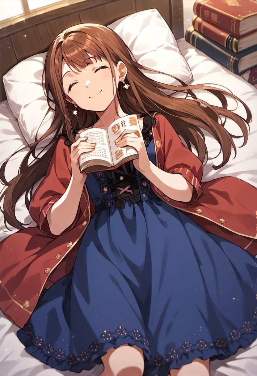 score_9, score_8_up, score_7_up, source_anime,tanaka kotoha, brown hair, long hair, brown eyes, 1girl, solo, closed eyes, lying, book, pillow, on back, dress, smile, earrings, jewelry