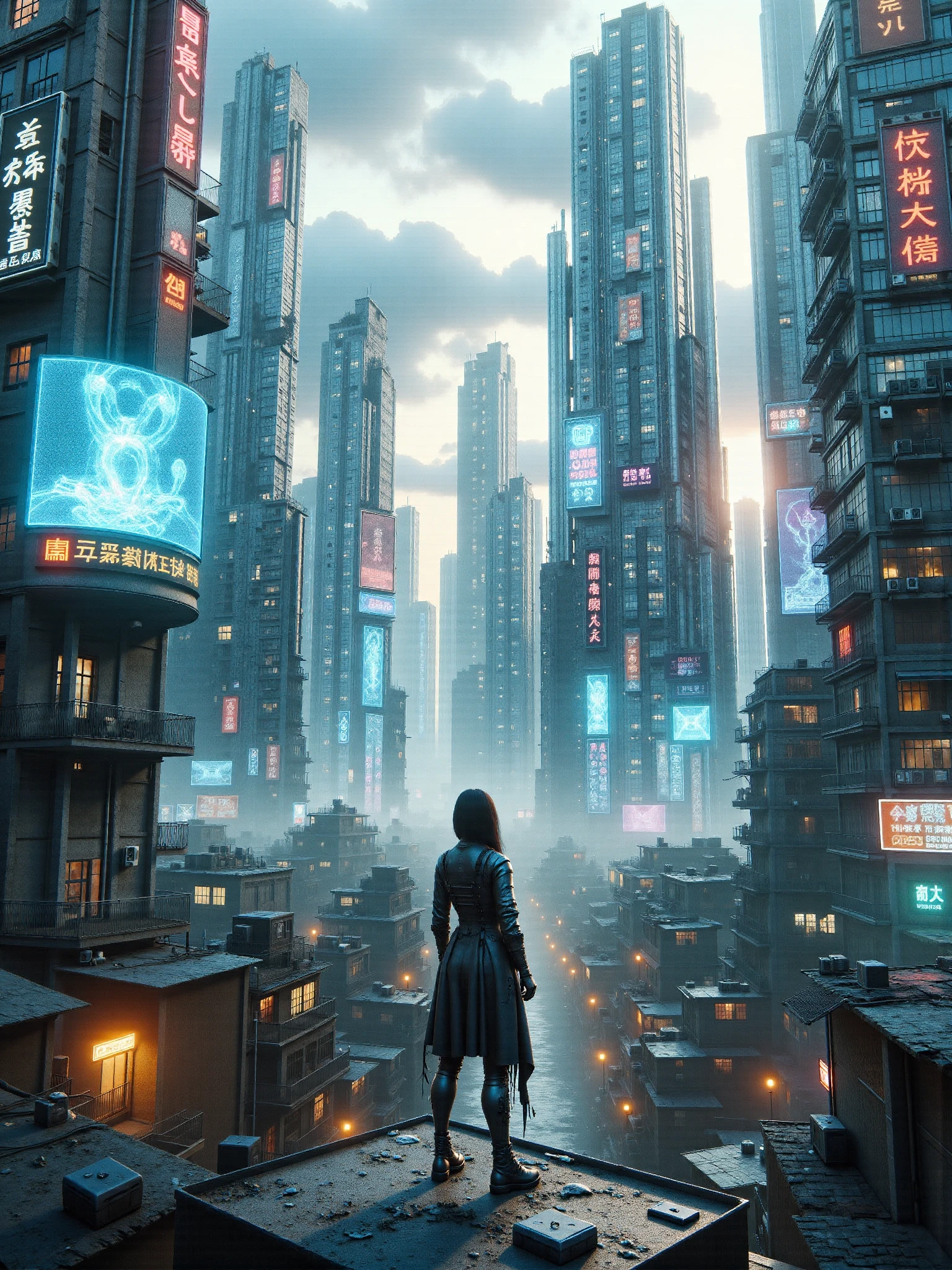 mad-cbrpnk-dtlr, cityscape, holographic ads, slum, cyberpunk, woman standing on roof, modern buildings <lora:Neon_Cyberpunk_Detailer_FLUX_multi_trigger_epoch_10:1>