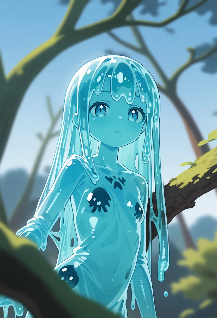 PonyScores7, source_anime, hi res, masterpiece, best quality, highres, slime girl, monster girl, slime_girl, translucent skin, Transparent body, lowangleview-3000, Many small colorful translucent sss skulls hanging on a dried tree Like eastereggs, dried scorched earth, Blue Sky, Film grain, cinematic film still, shallow depth of field, highly detailed, high budget, cinemascope, moody, epic, OverallDetail,