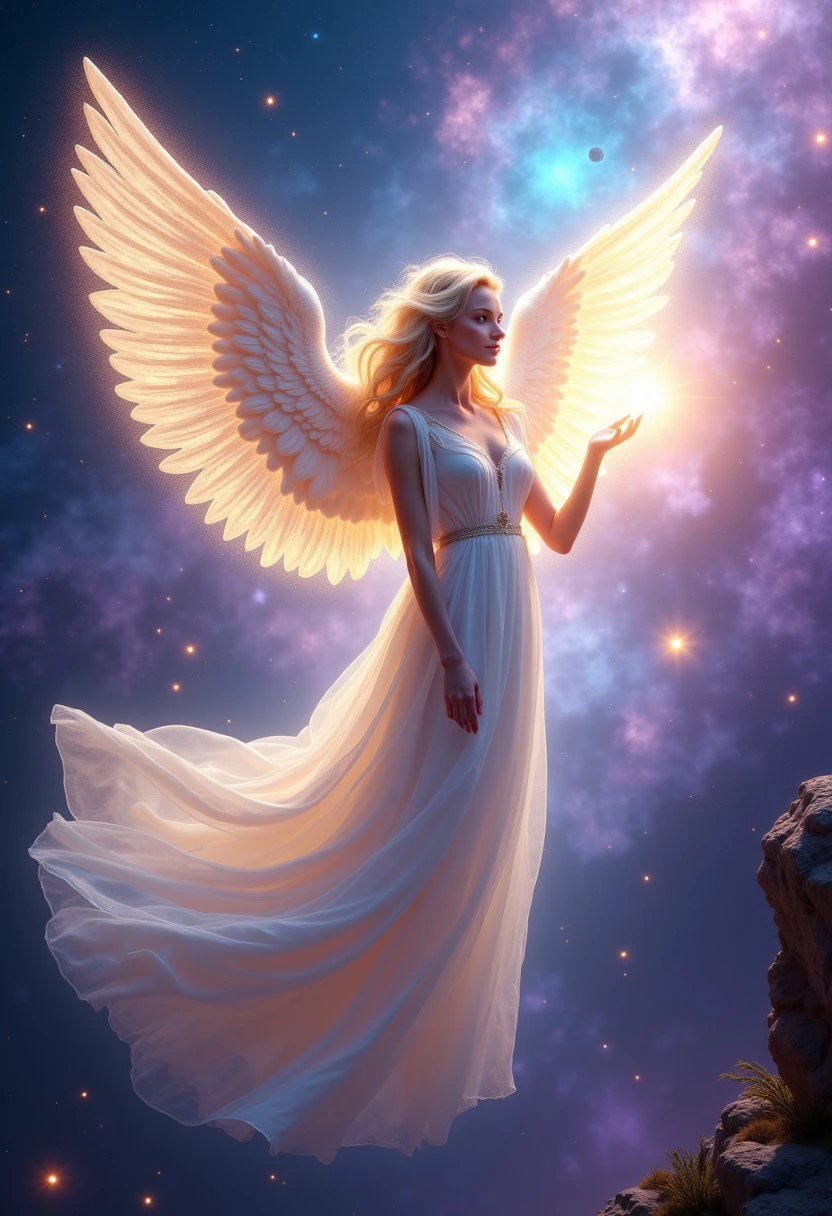 A celestial angelic figure floats gracefully through the cosmos, bathed in a soft, ethereal glow. Her wings are vast and iridescent, shimmering with hues of silver and gold, each feather reflecting the light of distant stars. Her flowing robes are made of delicate stardust and celestial clouds, trailing behind her in the zero-gravity environment. The background features a nebula with swirling colors of purples, blues, and pinks, creating a divine, dreamlike atmosphere. Light emanates from her, casting gentle reflections on the surrounding space, as she reaches out towards a distant planet, symbolizing purity and protection in the vast universe.