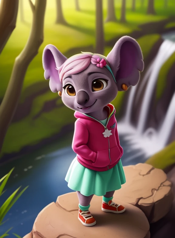 <lora:CaseyTOTSYif:1> CaseyTOTS, koala, light purple fur, (five  fingers, brown eyes, purple sweatshirt, light green skirt, earrings, rainbow socks, orange sneakers,  rainbow hairpin,) chibi,
[  solo, (nature), forest, day, clouds, waterfall,  smile,]   ((Hands on hips, standing, high-angle view,))
(beautiful, aesthetic, perfect, delicate, intricate, saturated colors), masterpiece, digital drawing, best quality,
by ulitochka, by taran fiddler, by Silverfox5213, by personalami,