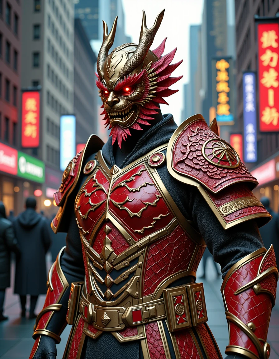 A soldier dressed in dragon-themed armor is on the streets of the city.