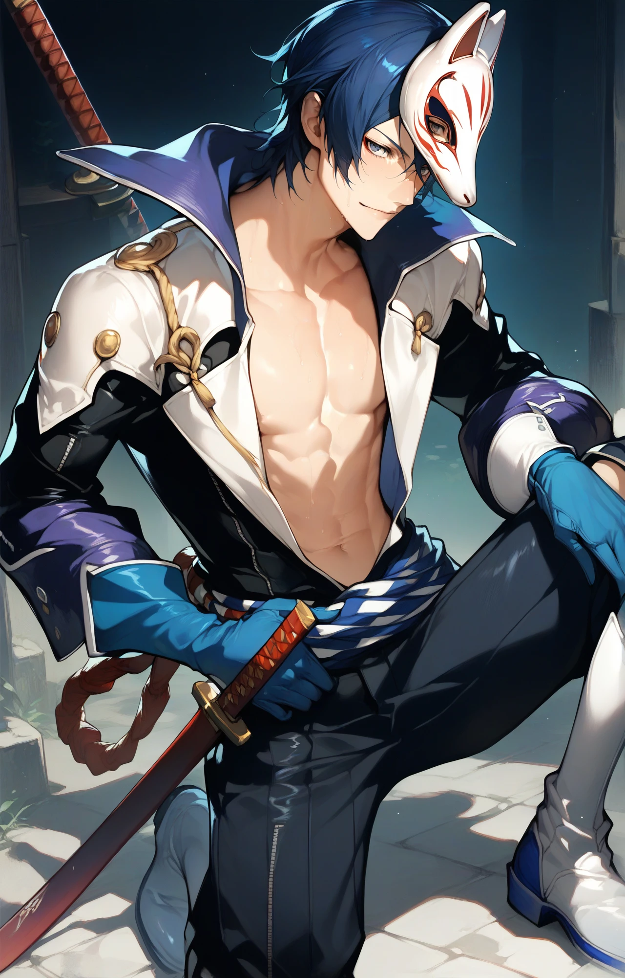 ,1boy,yusuke_kitagawa,male focus,solo,blue hair,fair_skin,skinny,fox mask,,somoss,blue gloves,katana,white boots,mask on head,kneel on one knee,score_9,score_8_up,score_7_up,source_anime,<lora:yusuke:0.9>,<lora:somoss:0.8>