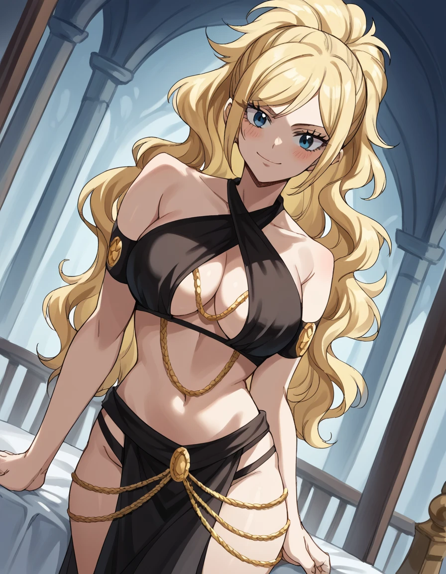 score_9, score_8_up, score_7_up, source_anime, <lora:jenny-realight-anime-ponyxl-lora-nochekaiser:1>, jenny realight, long hair, blue eyes, blonde hair, wavy hair, swept bangs, large breasts,, <lora:yomoiro-lingerie-ponyxl-lora-nochekaiser:1>, yomorio lingerie, gold chain, criss-cross halter, pelvic curtain, belly chain, criss-cross straps, black armband,, bed, bed room, blush, smile,, , cowboy shot, dutch angle