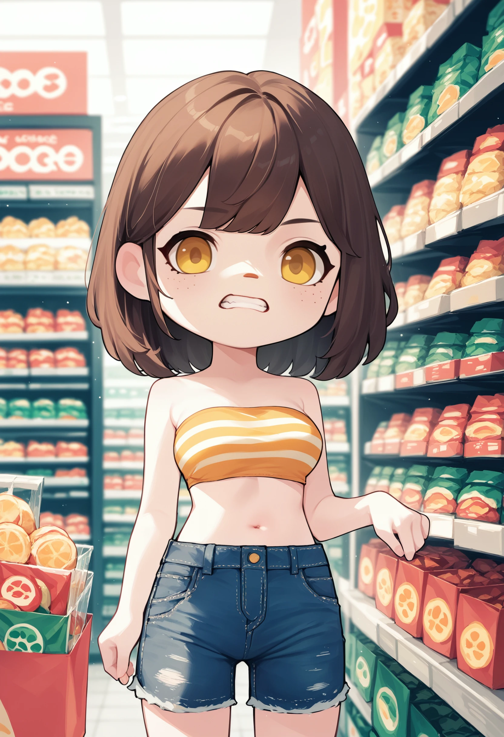 zPDXL3, score_9, score_8_up, score_7_up, score_6_up, score_5_up, score_4_up, 
1girl, 
medium breasts, 
yellow eyes,
brown hair,
medium hair,
topknot,
clenched teeth,
on back,
bandeau,
denim shorts,
convenience store,
acvillager, chibi, solo,
<lora:AnimalCrossing - Villager v2:1>