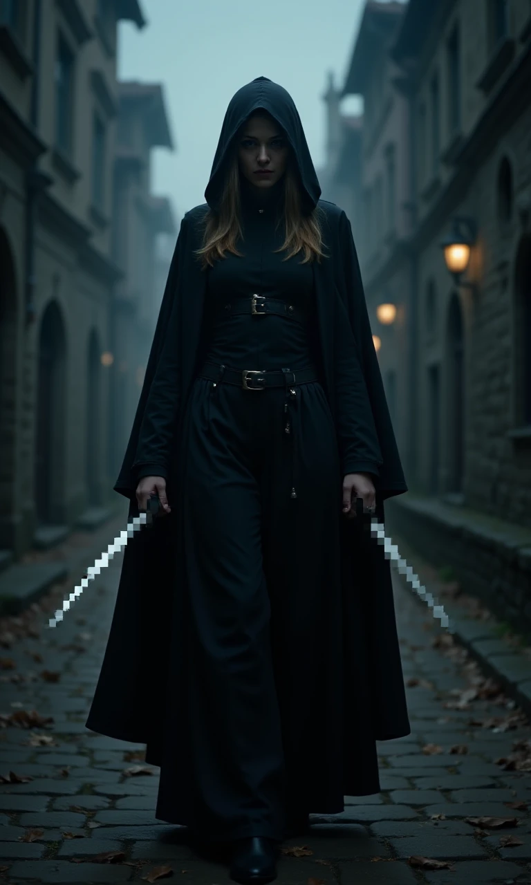 A sneaky woman, dressed in a black cape with a hood, is creeping through the dark and misty streets of a medieval city at night, her face hidden in the shadows, holding two gleaming daggers in her hands, her eyes fixed on some unknown target in the distance. Daggers are censored.