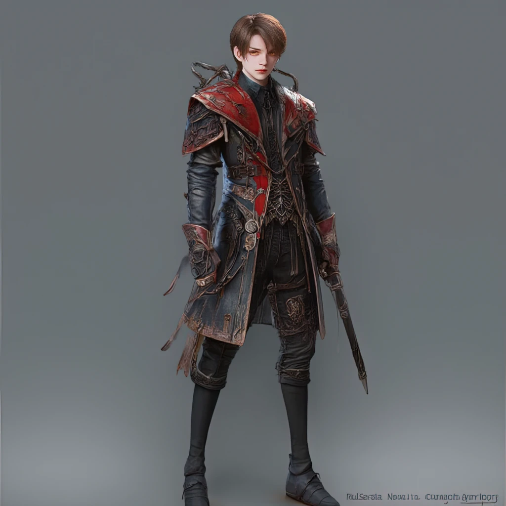 a full body 3D render of a young male assassin, kpop feel, handsome, short brown hair, yellow eyes,