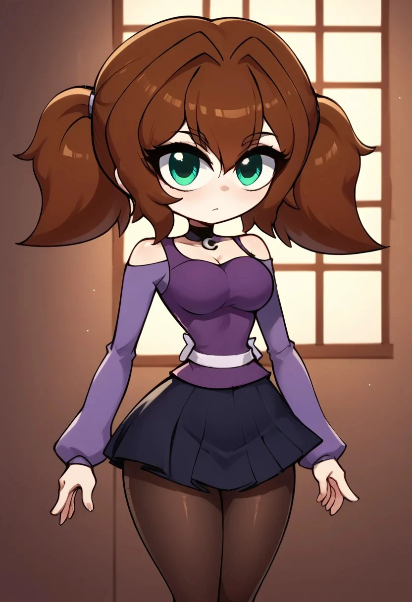 score_9, score_8_up, score_7_up, masterpiece, best quality, room, hotel, (very beautiful eyes, big thighs, thin waist, medium breasts), 1girl, LunaM, Brown hair, green eyes, twintails, Purple blouse, skirt, pantyhose, sexy pose, chibi, Serious expression