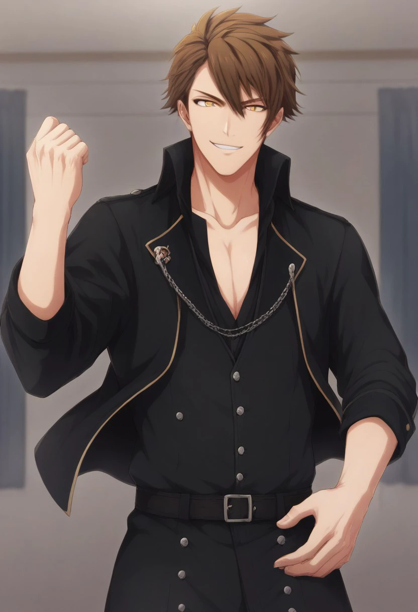 safe_pos, male,score_9_up, score_8_up, score_7_up, score_6_up, score_5_up, score_4_up,view from below,handsome,Ryunosuke_Tsunashi,male,muscular,brown hair,yellow eyes,short hair,smile,masterpiece,big pectorals,black suit,black coat,smirk,dynamic pose