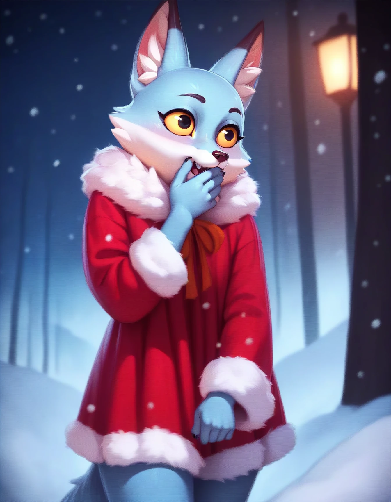 score_9, score_8_up, score_7_up, score_6_up, score_5_up, score_4_up,
Asya, solo, blue fur, fox, yellow sclera, red dress with white fur trim, hand over own mouth, covering own mouth, snow, night, forest
<lora:Asya_XL:0.8>
 <lora:hand over own mouth_pony_V1.0:1>