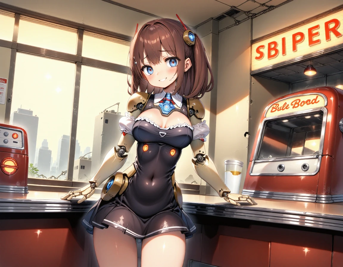 anime artwork, masterpiece, absurdres,bisyojo,mechagirl,cute,kawaii,japanese anime,manga,
The following image is rendered by a game engine.
describe the scene with intricate details,
add a highly textured and ornate design,
In a warmly lit retro diner, a high-teen mechanical waitress with an unmistakably cute, anime-inspired design stands behind the counter, her pose flirtatious and inviting. Her outfit is a skimpy, modified version of a classic diner uniform, with a frilly, short skirt and a snug top that accentuates her slim figure. Her long, chestnut brown hair, styled with a slight wave, frames her round face, and her big, sparkling blue eyes convey a playful innocence. She leans forward slightly, her mechanical arms polished to a shine, giving a sweet smile that has a hint of mischief. The warm lighting of the diner enhances the soft, anime-like colors, making the scene feel both nostalgic and endearing. Anime style, flirtatious and cute, warm retro diner setting with soft lighting.
 <lora:mechagirl_v3:1.4>