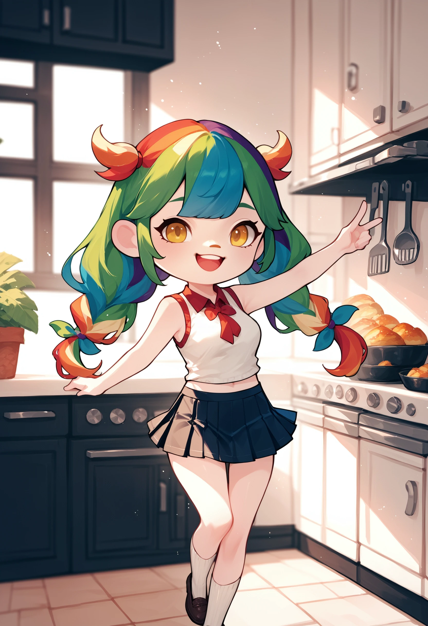 zPDXL3, score_9, score_8_up, score_7_up, score_6_up, score_5_up, score_4_up, 
1girl, 
medium breasts, 
yellow eyes,
rainbow hair,
long hair,
quad tails,
seductive smile,
pigeon pose,
sleeveless shirt,
microskirt,
kitchen,
acvillager, chibi, solo,
<lora:AnimalCrossing - Villager v2:1>