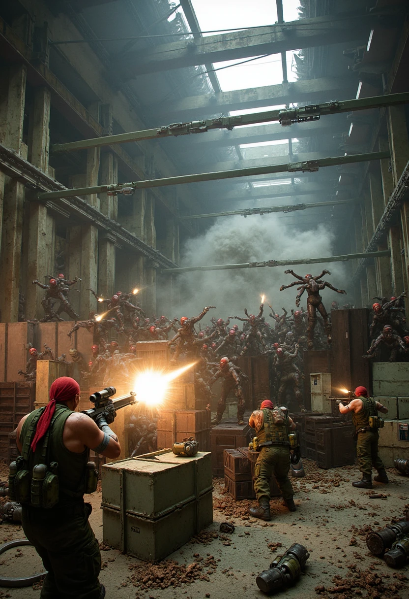 Inside a massive hangar bay, Catachan fighters wearing red bandanas defend a makeshift barricade against waves of alien creatures. A female Catachan lieutenant with a crude bionic arm shouts commands from behind the barricade, her lasgun firing into the swarm of alien horrors climbing the walls. A male Catachan with a bionic eye and a grenade launcher fires at the approaching creatures, blasting chunks of metal and alien flesh into the air. The hangar, filled with abandoned crates and machinery, echoes with the sounds of battle. Photorealism & Style: Wide shot capturing the entire hangar, with a focus on the barricade and the oncoming alien swarm. The lighting is harsh, coming from above, illuminating the scene in flashes as grenades and lasgun fire explode across the battlefield. The camera angle is slightly elevated, showing the scale of the hangar and the fierce defense.